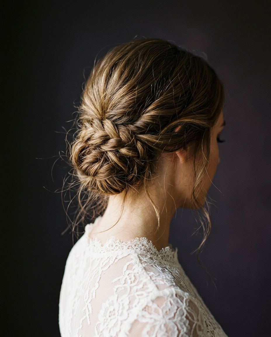 Editorial: recollit baix trenat amb llums balayage — perfil — exemple visual.