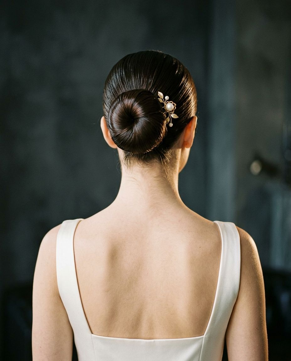 Editorial: moño alt sleek amb aplic perlat — exemple visual.