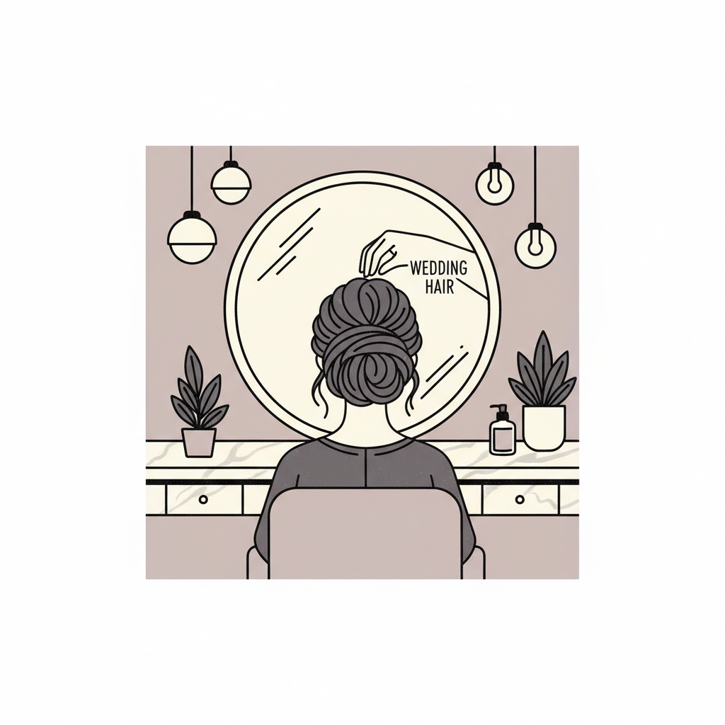 Ilustración: novia con recogido nupcial ante el espejo del salón — prueba y día B. Imagen generada con IA, ejemplo visual.