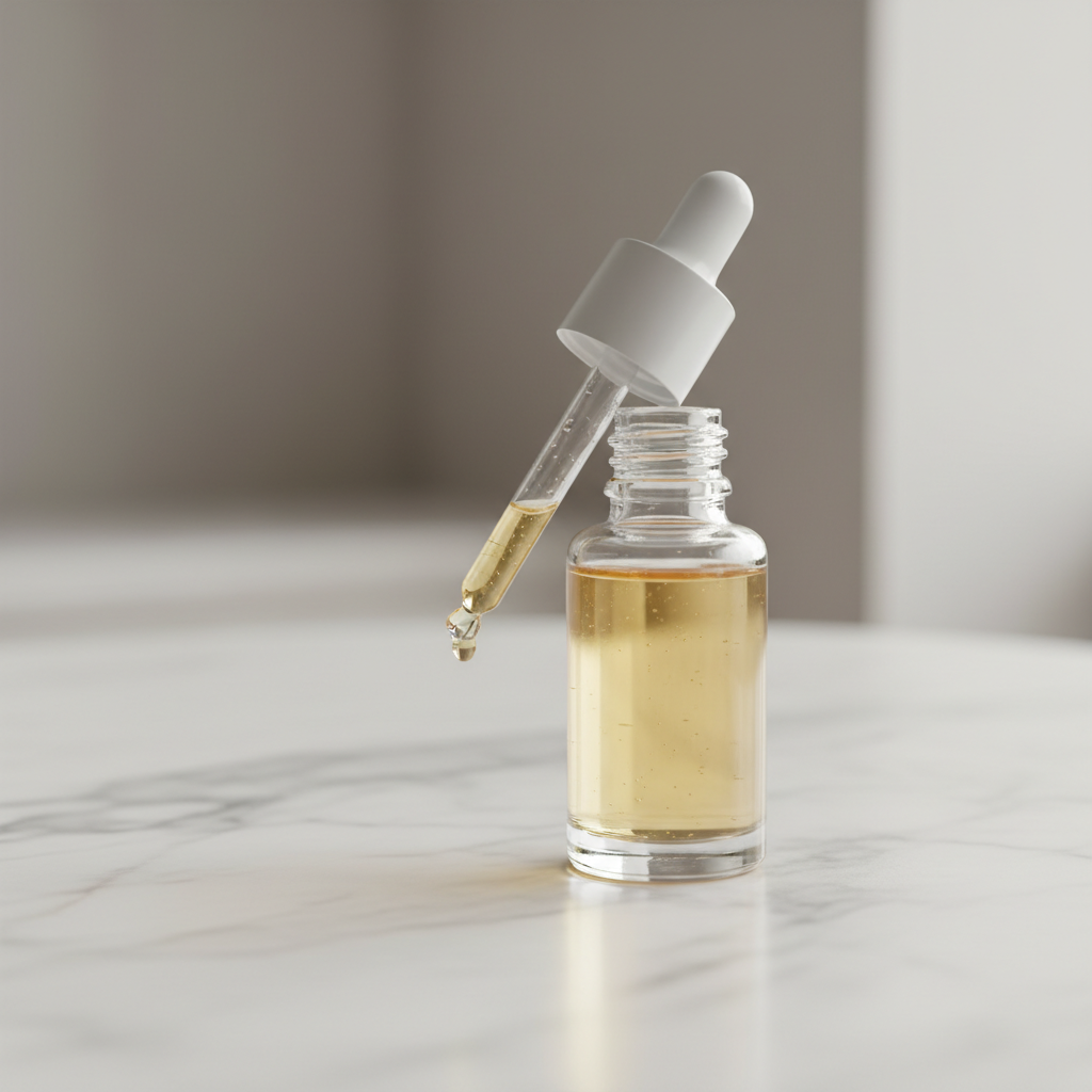 Sérum para puntas en envase con cuentagotas — fotografía de ejemplo generada con IA.